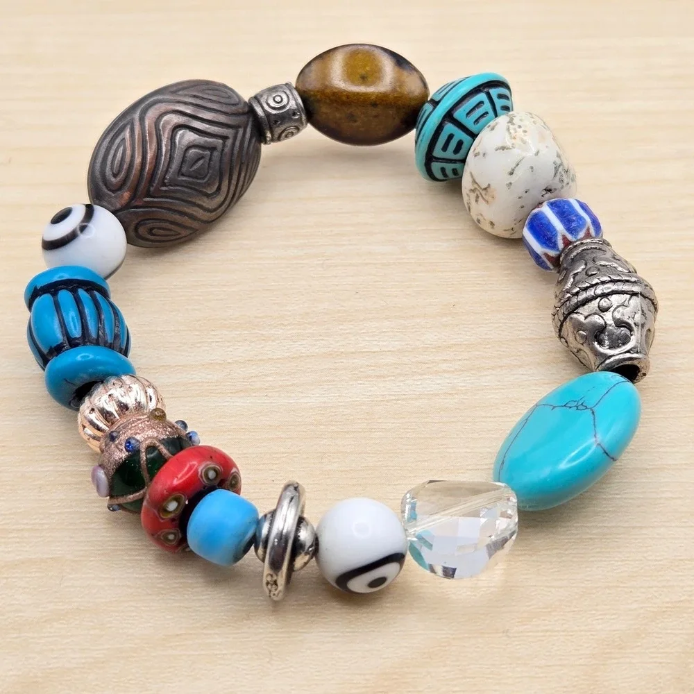 Boho Beaded Stretch Bracelet Glass Metal Ceramic Gemstone‎ Mixed Media